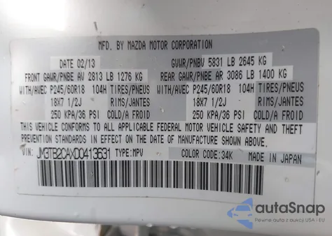 2013 Mazda Cx-9 Touring from USA, damaged, VIN JM3TB2CAXD0413631